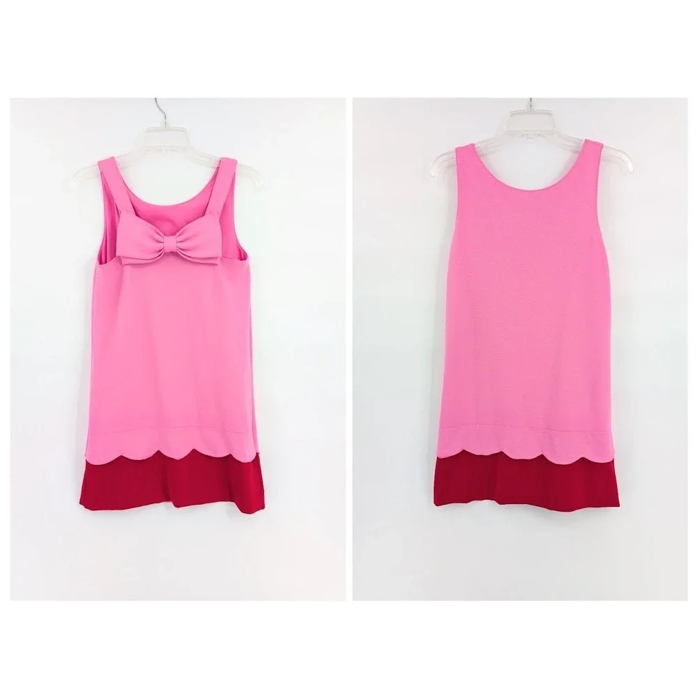 Kate Spade Girl Bow Dress Pink Red Scalloped Hem Sleeveless Sz 14Y Large